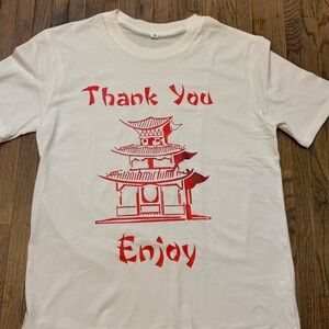 NWT White Graphic Tee with Red 'Thank You Enjoy' Chinese Takeout Pagoda Print
